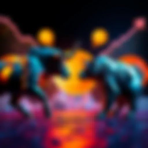 A graphic showing a bull and bear representing the ups and downs of the cryptocurrency market, with Bitcoin logos in the background.