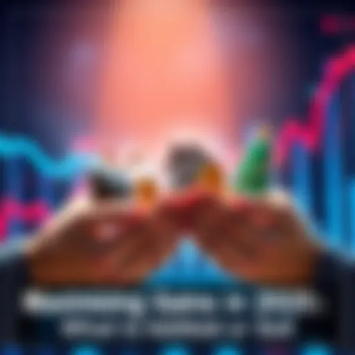 Hands holding various investment options with a graph in the background showing upward trends