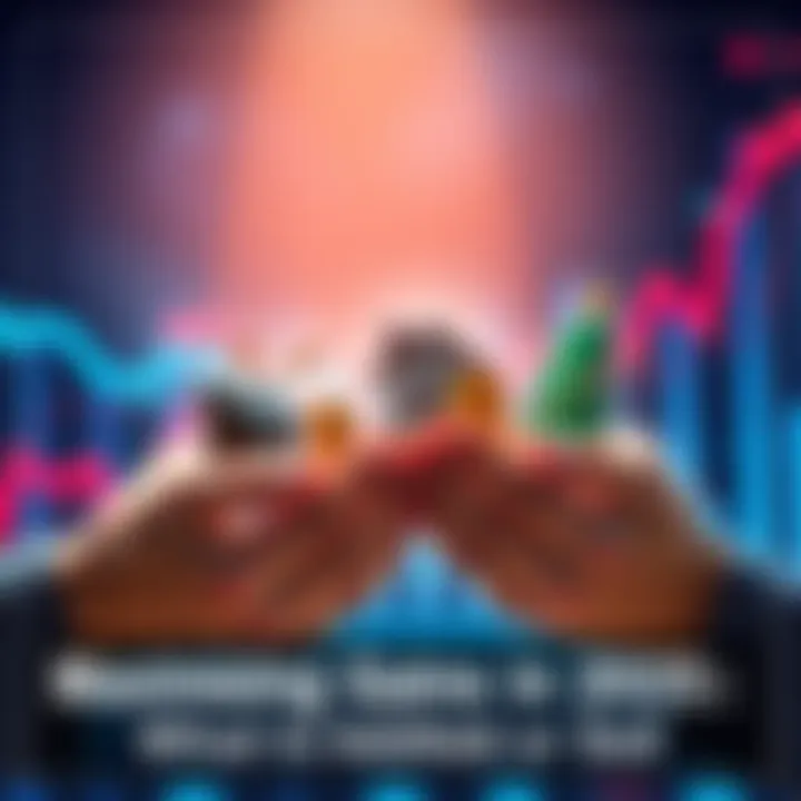 Hands holding various investment options with a graph in the background showing upward trends