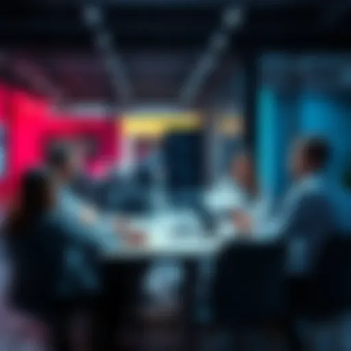 A group of people in a business meeting discussing strategies focused on customer engagement, not on aggressive sales tactics.