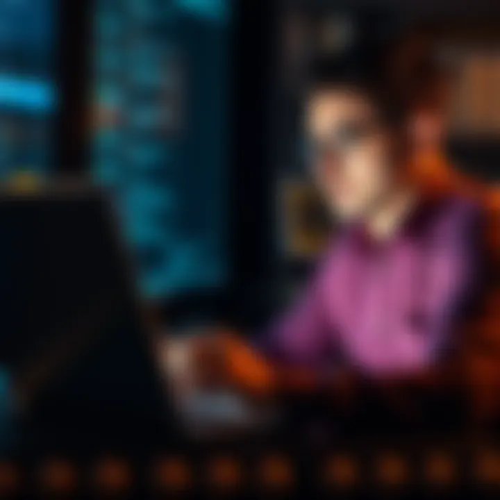 A business owner looking at a laptop screen filled with content management options, appearing thoughtful and focused.