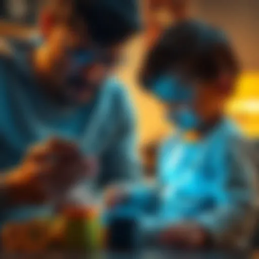 A parent looks at a digital currency app on their phone while their toddler plays nearby with toy blocks shaped like coins