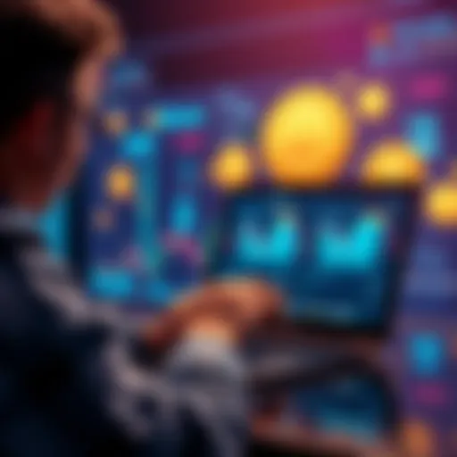 A person using a laptop to buy Bitcoin on a reputable exchange platform with cryptocurrency symbols in the background