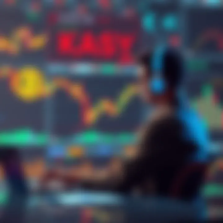 A person sitting at a desk, using a laptop to purchase Kaspa cryptocurrency, with financial charts and digital currency symbols in the background.