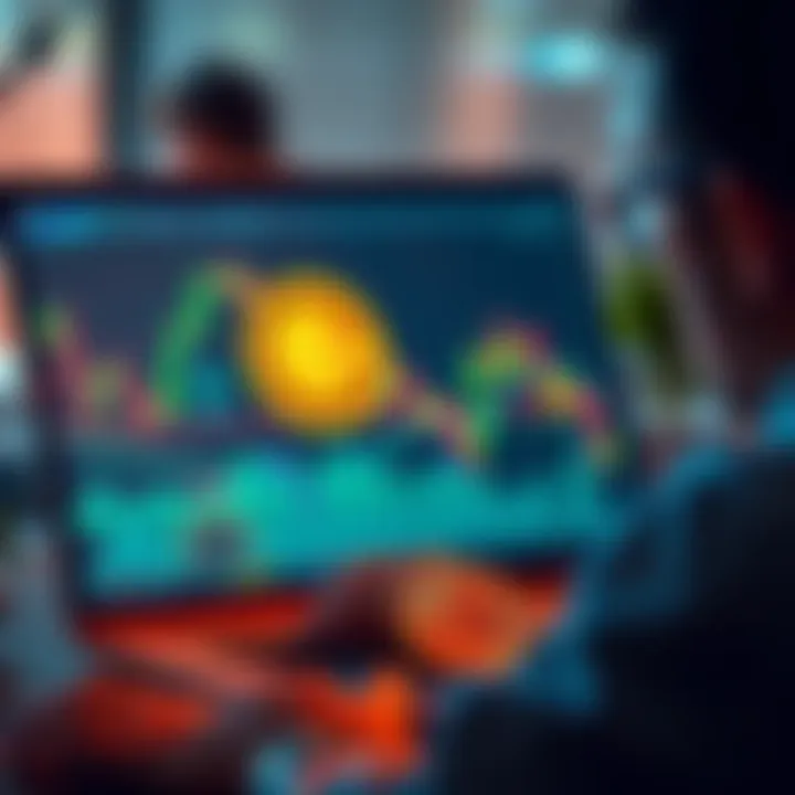 Buying Bitcoin During a Crash A person analyzing cryptocurrency charts on a laptop screen, with a Bitcoin symbol prominently displayed, reflecting concern and strategy during a market downturn.