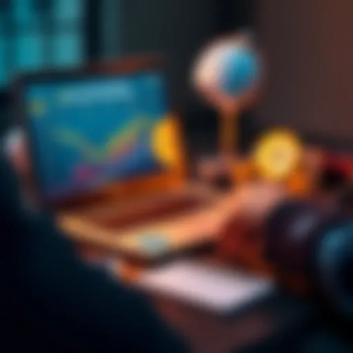 A person looking at a laptop screen displaying Bitcoin prices and investment options, with a calculator and notepad on the desk.