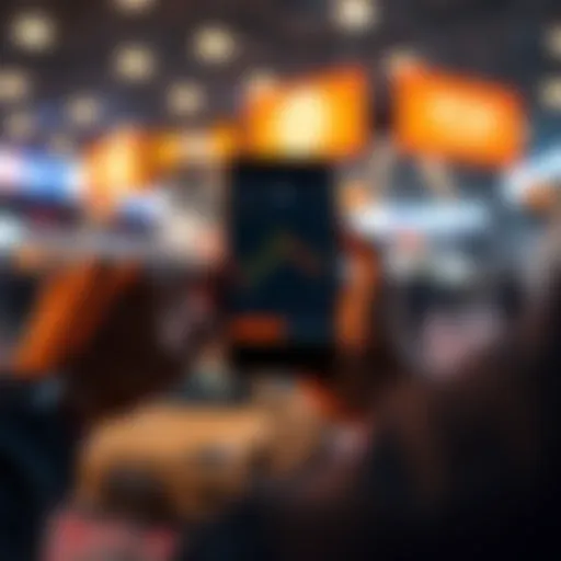 A person using a smartphone to buy Bitcoin, showing a digital currency chart on the screen
