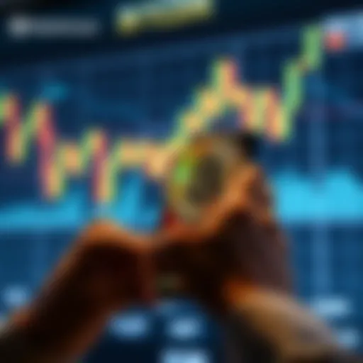 A person using a smartphone to buy Bitcoin on the Robinhood app, with a graph showing Bitcoin prices in the background.