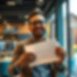 Byron smiles with excitement, holding a job offer letter in an office setting.