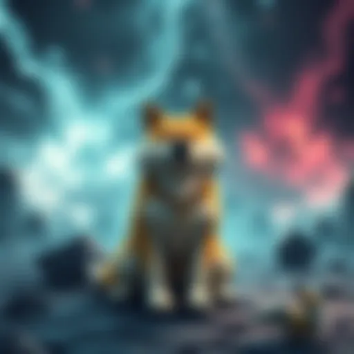 A calm Dogecoin dog character sitting confidently while a stormy backdrop represents struggling altcoins, showing contrast between stability and volatility.