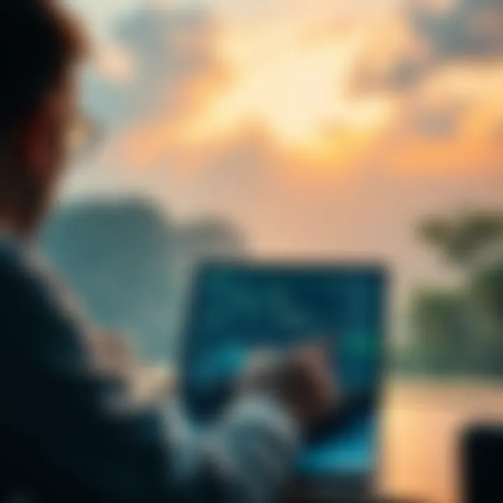 A serene view of a person looking at market charts on a laptop, symbolizing cautious investment during market volatility