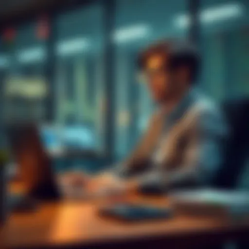 A calm investor sitting at a desk, reviewing stock charts and financial news on a laptop, looking thoughtful and composed amidst market fluctuations.