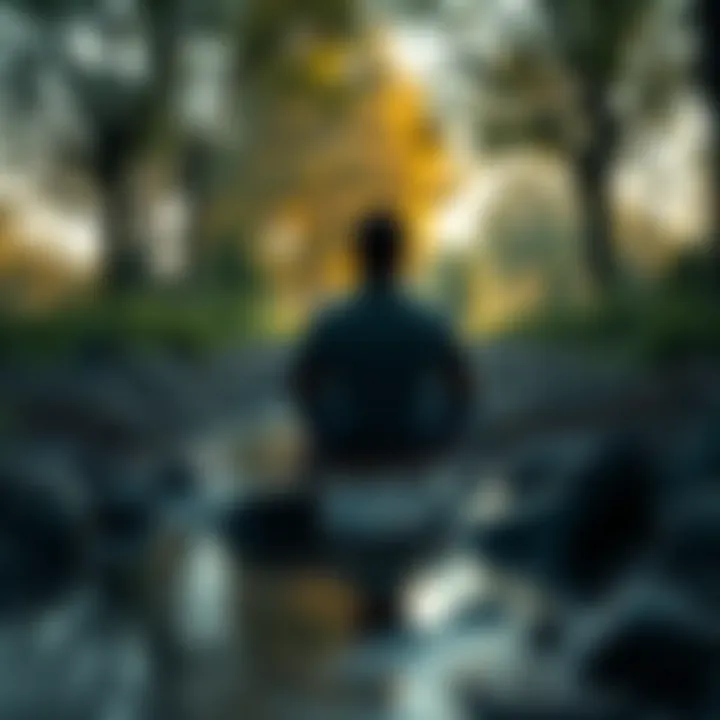 A person sitting peacefully in a serene nature setting, surrounded by trees and a calm water stream, reflecting a sense of tranquility in chaotic times.
