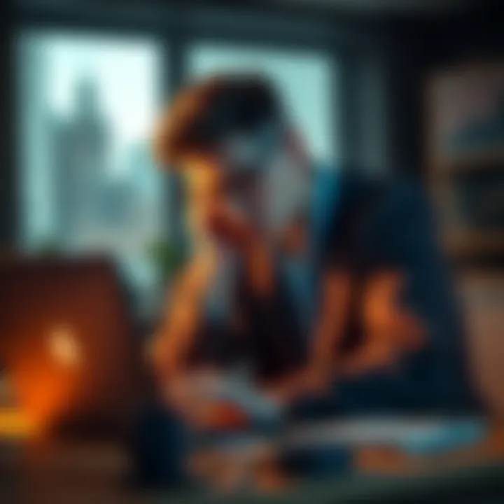 A young Canadian man sitting at a desk with a laptop, showing a distressed expression after experiencing a loss in crypto trading.