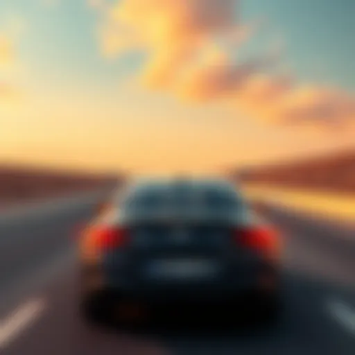 A person driving a car without a license plate on a highway, with a long road ahead and open sky
