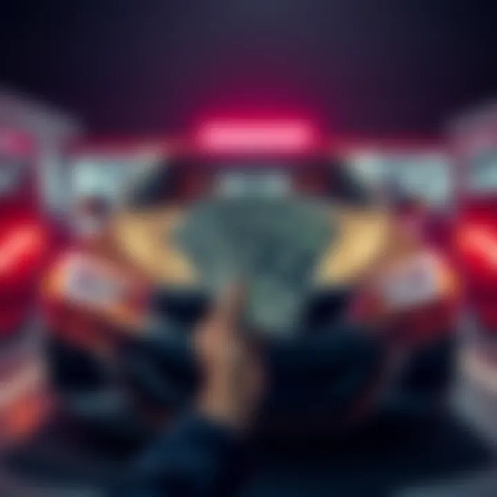 A person holding cash in front of a car after winning a bid for vehicle purchase