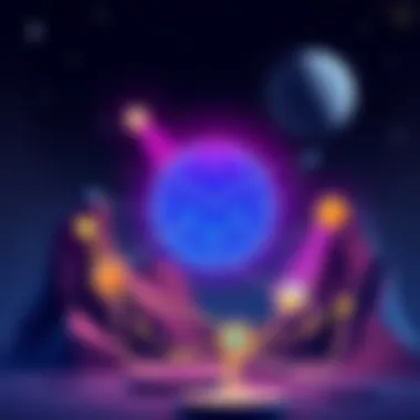 An illustration showing the Cardano blockchain with various DeFi options like liquidity pools and stablecoins, set against a contrasting background representing Solana.