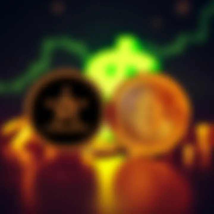 A graphic showing two coins, one labeled Cardano and the other Dogecoin, with a dollar sign in the background, symbolizing investment choices.