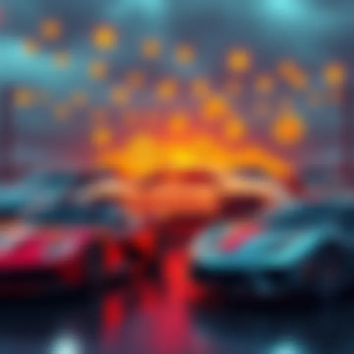 A vibrant scene showcasing luxury cars and cryptocurrency symbols, illustrating the blend of car culture and finance in the $POWSHCE community.