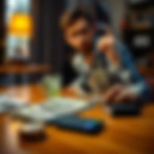 A person contemplating cashing rent early versus waiting, with bills and calculator on a table, showing financial decisions.