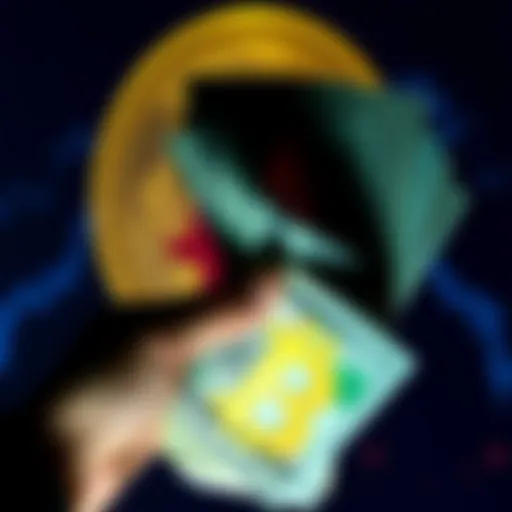 A close-up of a hand holding a stack of cash with a Bitcoin symbol in the background, depicting the choice between money and cryptocurrency.