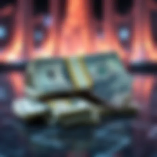 A graphic showing a small pile of cash next to a larger representation of digital currency, symbolizing the shift from cash to digital transactions.