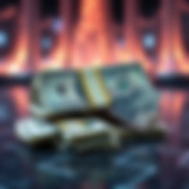 A graphic showing a small pile of cash next to a larger representation of digital currency, symbolizing the shift from cash to digital transactions.