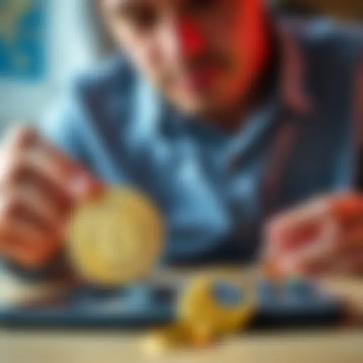 A Canadian holding a Bitcoin symbol and a house key beside a calculator, contemplating cashing out Bitcoin for a house purchase.