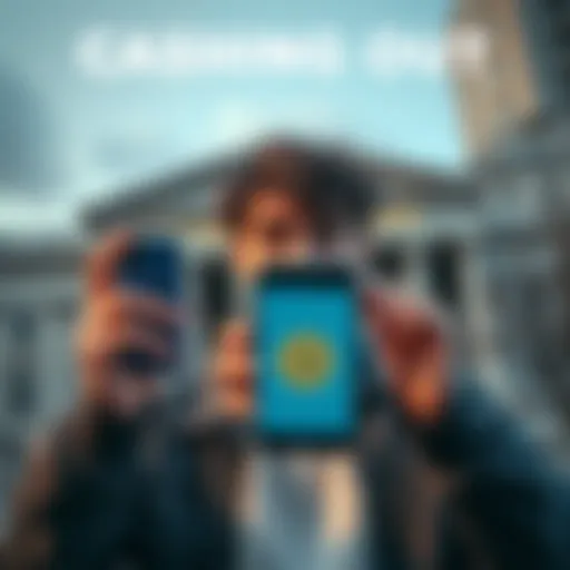 A person looking worried while holding a smartphone with Bitcoin on the screen and a bank building in the background.