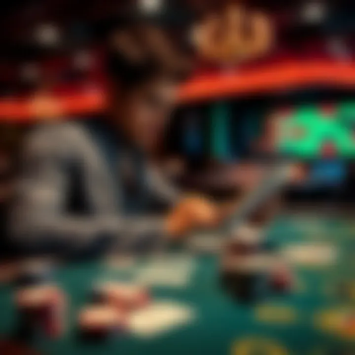 A person at a casino table studying a strategy guide while playing cards