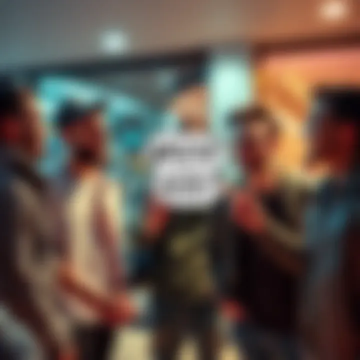 A group of friends casually greeting each other with a playful expression, one person saying 'Wazzup losers?'