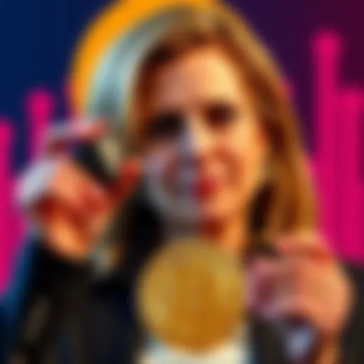 Cathie Wood holds a Bitcoin symbol, expressing her preference for Bitcoin over Ethereum, with a confident look