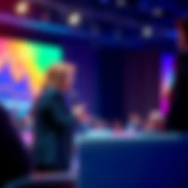 Cathie Wood speaking on stage at a finance conference, engaging with an audience and sharing her investment insights.