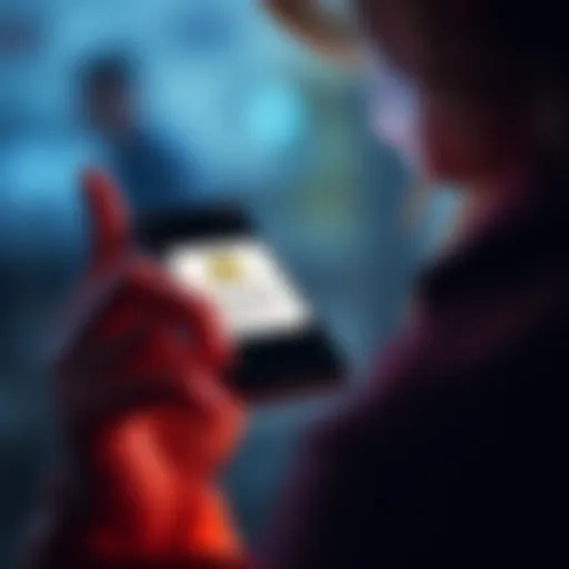 A person looking at a smartphone with a suspicious text message about account issues.