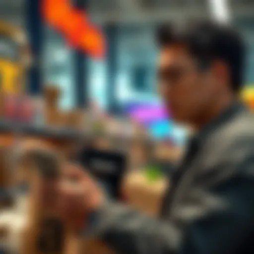 A shopper looks at a Q miner device while contemplating its price and legitimacy, with an Amazon package nearby.