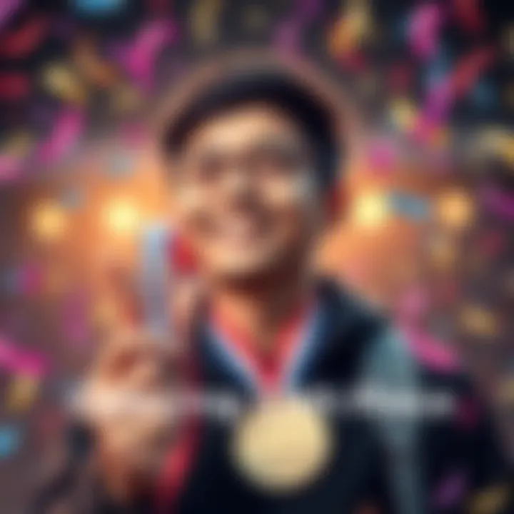 A person smiles while holding a medal, celebrating their achievement of ranking 11th, with confetti in the background.