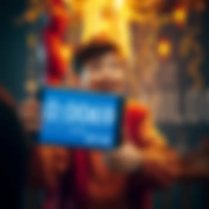 A small timer smiling and holding a digital screen showing 0.0069 BTC milestone, with celebratory decorations in the background.