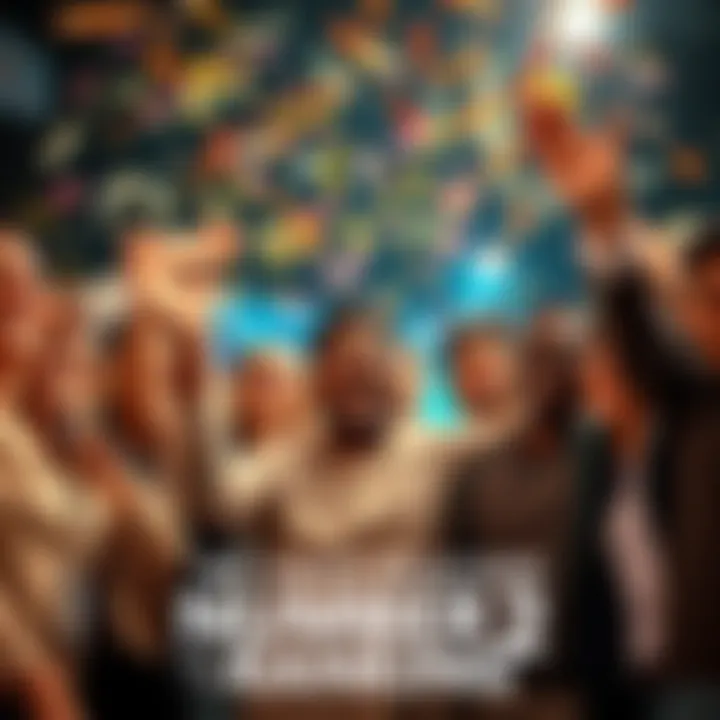 Celebrating Number 2 Ranking A group of people celebrating reaching number 2 in the market with cheerful expressions and confetti in the air