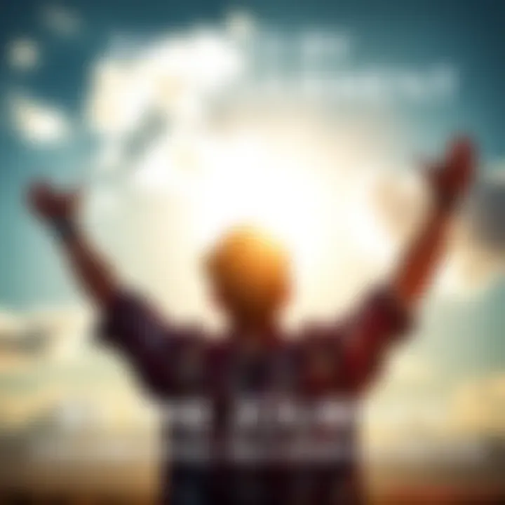A person joyfully celebrates a personal achievement with arms raised in victory against a bright sky, reflecting feelings of joy and success.