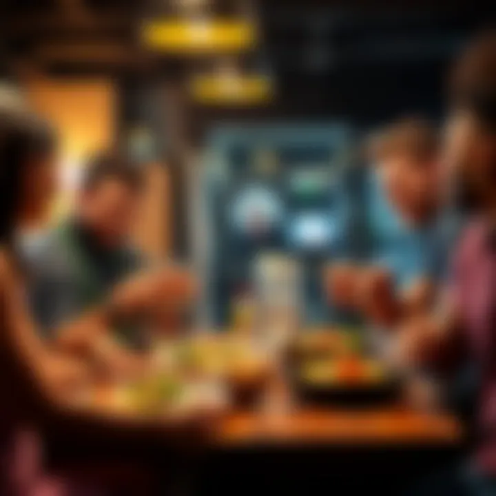 A group of friends enjoying a meal together, celebrating financial gains after buying stocks at a low point in the market.