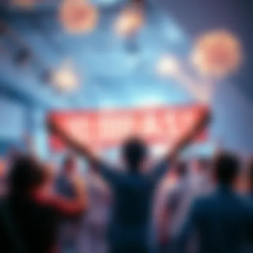A person joyfully celebrating the achievement of 100,000 KAS, surrounded by community members, holding a banner showing their enthusiasm and gratitude