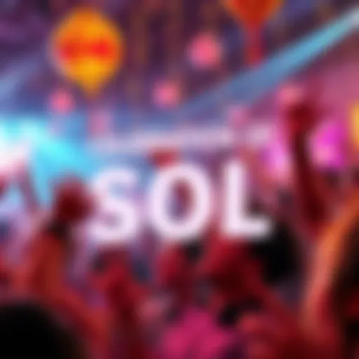 A lively celebration with people enjoying music and festivities themed around SOL, showcasing joy and excitement among supporters.