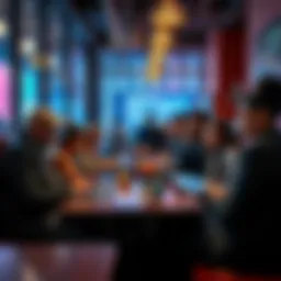 A group of diverse people using laptops and smartphones in a coffee shop, discussing online platforms that promote free speech.