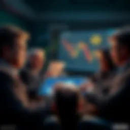 A group of central bank officials discussing the issues surrounding stablecoins as a currency, with graphs showing fluctuating values on a screen.