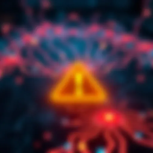 A digital graphic showing a blockchain network with a warning symbol, representing the recent exploit of the Cetus Protocol on the SUI blockchain.