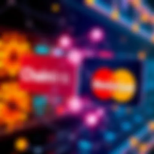 Illustration showing Chainlink and MasterCard logos connected by blockchain technology symbols