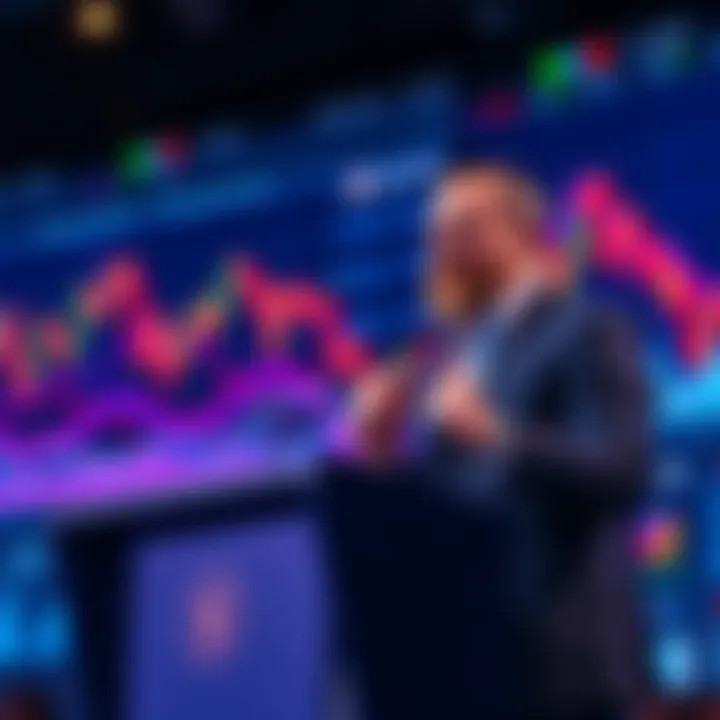 Charles Hoskinson speaking at a podium about Cardano's new focus on decentralized finance, with charts of various cryptocurrencies in the background