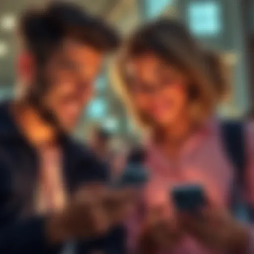 Two people chatting on their phones without internet. One person smiles while showing the app interface, highlighting its unique features.