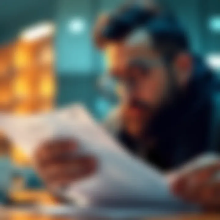 A person examining a document with a magnifying glass, looking for signs of a scam in an investment opportunity