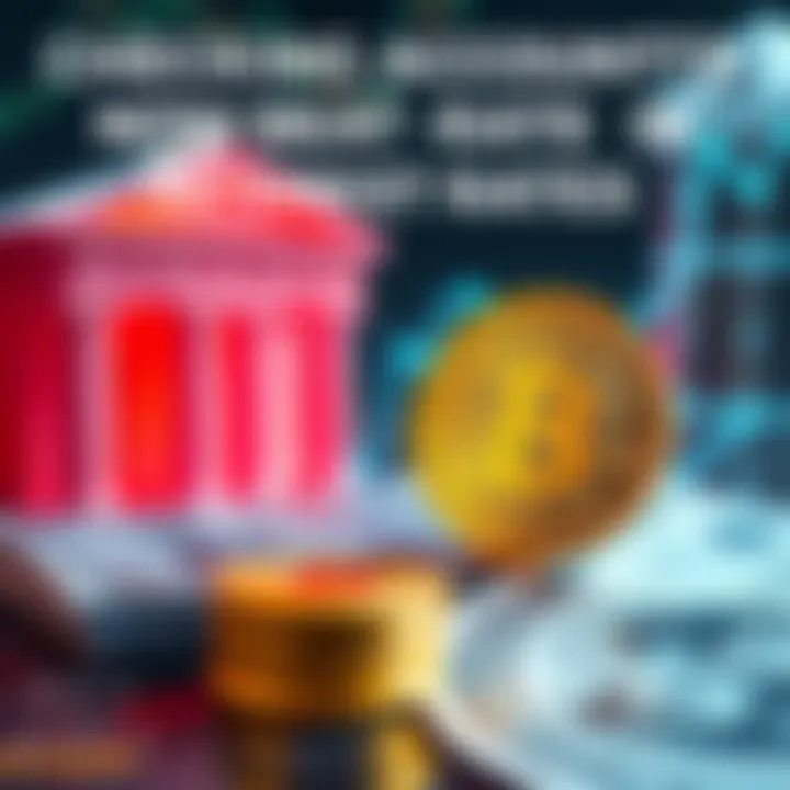 A graphic comparing interest rates of checking accounts and Bitcoin, showing bank symbols and a Bitcoin logo.